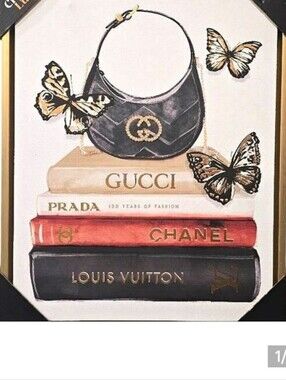 Crystal Luxe Gucci, Chanel, Louis & Prada Fashion Bookstack Framed Canvas Wall D